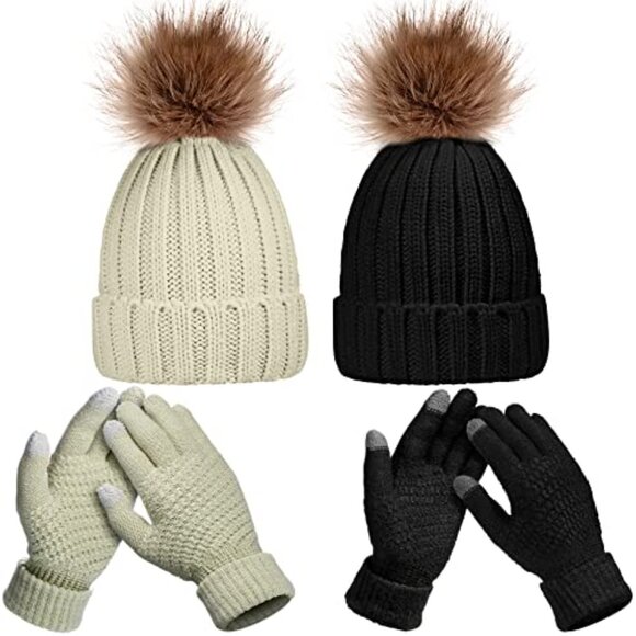 Fleece Lined Pom Beanie Touchscreen Gloves Set Unisex Winter Warm Accessories - Picture 2 of 8